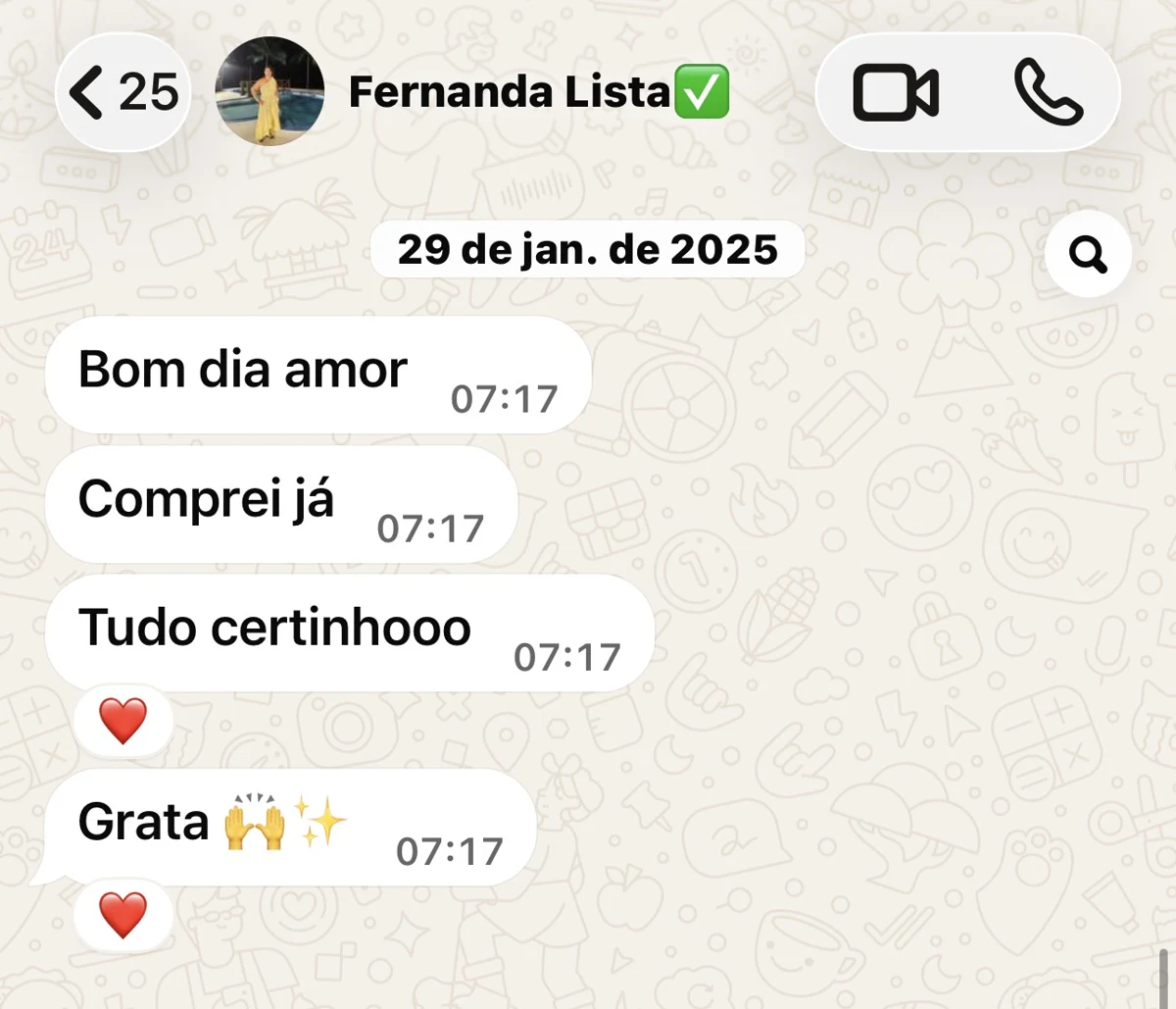 Feedback de Fernanda confirmando sua compra